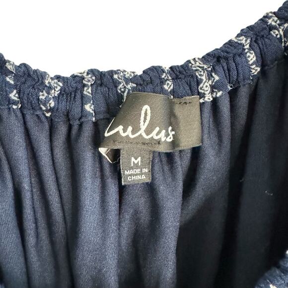 Lulus See Ya There Navy Blue Print Off The Shoulder Romper - Picture 3 of 8